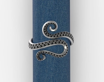Unique Handmade Oxidized Sterling Silver Octopus Tentacle Adjustable Ring, Cthulhu Ring, Squid Ring, Ocean Ring, Punk Ring, Gift for Her