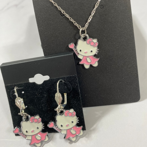 Ensemble collier et boucles d’oreilles Hello kitty, pendentif chat, cadeau fille, cadeau adolescente, cadeau femme