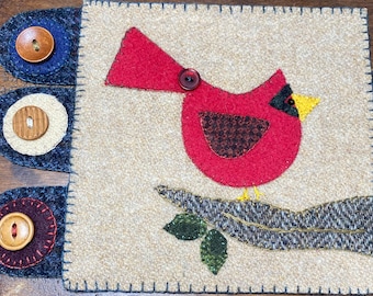 Wool Kit - Wool Applique mug rug kit calledCalvin the Cardinal by Rustic Country Handcrafts