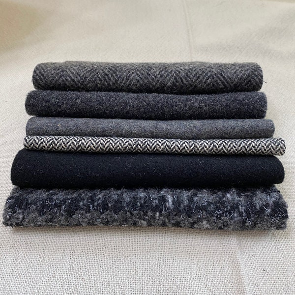 Black/Gray Upcycled Felted Wool Squares. Six-Six inch squares. Wool saved from garments heading to landfills.