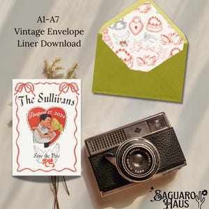 May include: A vintage-style wedding invitation with a red heart design, featuring a couple kissing and the text "Save the Date." An open green envelope with a patterned liner and a black and silver camera are also shown. The text "A1-A7 Vintage Envelope Liner Download" is visible.