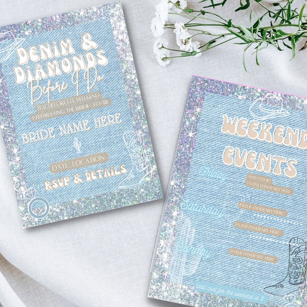 Denim & Diamonds Before I Do Bachelorette Invitation Template | Edit in Canva | Disco Cowgirl Bachelorette Weekend Invite