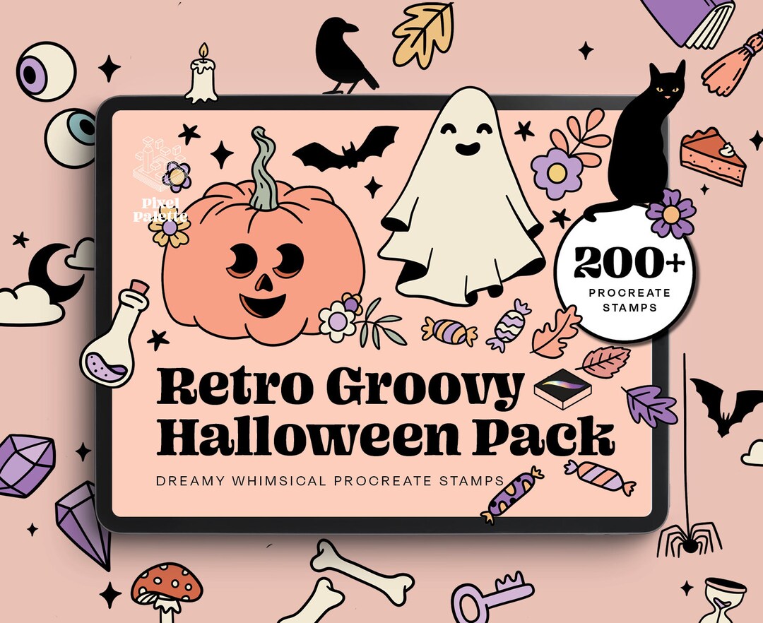 200 Halloween Retro Groovy Stamps for Procreate Dreamy Meets Whimsical ...