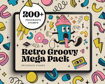 Méga pack Groovy rétro - Plus de 200 tampons Procreate dessinés à la main, visages et formes vintage, éléments Groovy, pinceaux numériques pour artistes / designers