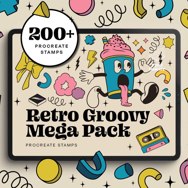 Retro Groovy Mega Pack - 200+ Hand-Drawn Procreate Stamps, Vintage Faces & Shapes, Groovy Elements, Digital Brushes for Artists / Designers