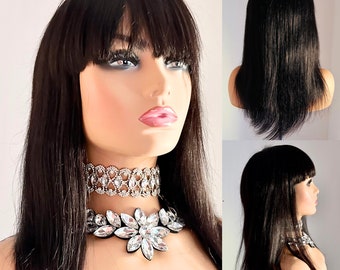 16" Brazillian Human Hair - Natural Virgin Hair, 160% Density Human Hair Wig with Bangs, Glueless Wig, Glueless Lace, Wear & Go Wig