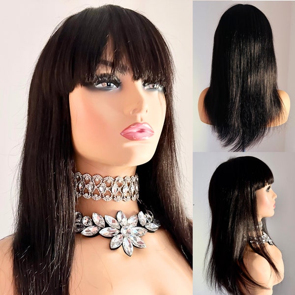 16" Brazillian Human Hair - Natural Virgin Hair, 160% Density Human Hair Wig with Bangs, Glueless Wig, Glueless Lace, Wear & Go Wig