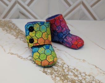 Soft Fleece Baby Booties: Geometric Rainbow Pastel Floral, 3-6 Months, Cozy Stay-On Strap