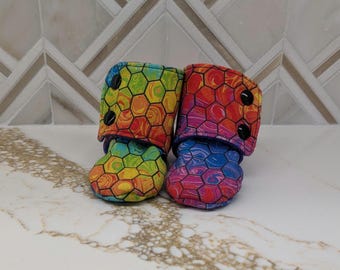 Soft Fleece Baby Booties: Geometric Rainbow Pattern, 6-9 Month, Cozy Stay-On Strap