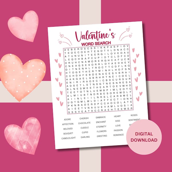 Valentines Word Search Printable, Large Print Word Search, Valentines Word Find, Digital Download, Teens and Adults, Valentine's Day Gifts