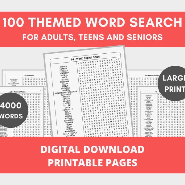 Hard Word Search Printable Adults - Large Print Word Search| 4000 Words Difficult Word Search Printable PDF