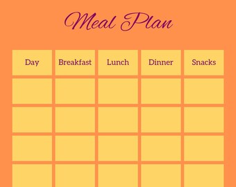 May include: A printable meal planner with a bright orange background and yellow boxes. The boxes are labeled "Day", "Breakfast", "Lunch", "Dinner", and "Snacks".