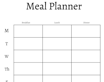 May include: A black and white printable meal planner with the text "Meal Planner" at the top. The planner is divided into columns for breakfast, lunch, dinner, and snacks, and rows for each day of the week, Monday through Sunday.