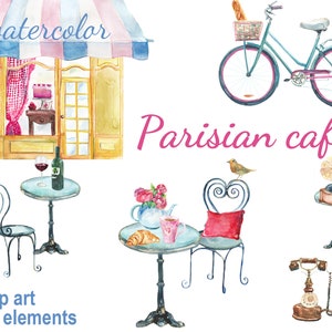 Digital 23 Acuarela café parisino clip art, comida Collage digital, imágenes prediseñadas de amor del Día de San Valentín, Descarga instantánea, clip 66