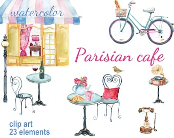 May include: Watercolor illustration of a Parisian cafe scene with a striped awning, tables, chairs, a bicycle, a vintage record player, a phone, and a bird. The text "Parisian cafe" is written in pink letters.