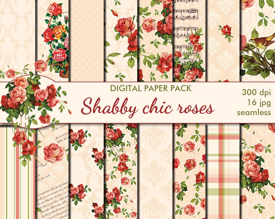 Digital Shabby Chic Roses Seamless Paper Pack, 16 Printable ...