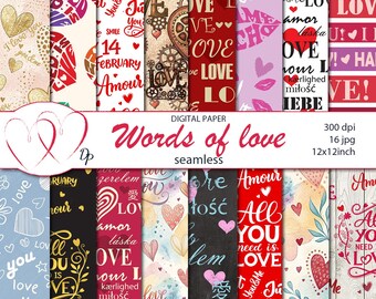 Papéis digitais sem emenda com palavras de amor, 16 padrões imprimíveis para scrapbooking, colagem para o Dia dos Namorados, download instantâneo, conjunto com 120 imagens.