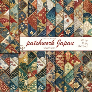 May include: A collection of digital paper sheets with a patchwork design. The patterns feature Japanese-inspired motifs in shades of red, blue, gold, and green. The text "patchwork Japan" is displayed on a white banner.