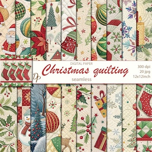 May include: A selection of Christmas-themed digital paper designs. The patterns feature festive elements such as baubles, trees, bells, stockings, and snowflakes in red, green, and gold. The text reads "Christmas quilting seamless" and the dimensions are 30.48 x 30.48 cm.