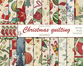 Digital Christmas quilting seamless papers, 20 printable scrapbooking patterns, new year quilt digital collage, Instant Download, set 519