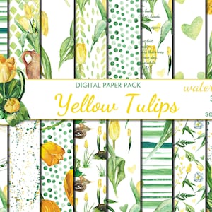 Digitales Aquarell Gelbe Tulpen Seamless Paper Pack, 16 druckbare Scrapbooking Papiere, Floral Collage, Decoupage, Instant Download, set 371