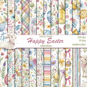 May include: A set of 24 digital papers featuring watercolour illustrations of Easter eggs, flowers, chicks, bunnies, and other spring-themed elements. The papers are seamless and perfect for crafting, scrapbooking, and other creative projects.