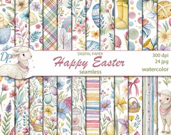 Papeles sin costuras con motivos digitales de Pascua, patrón imprimible para álbumes de recortes, acuarela, Pascua en colores pastel, descarga instantánea, uso comercial, juego de 500