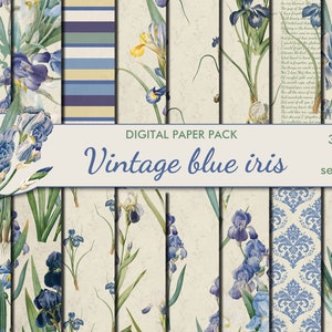 以下が含まれることがあります： 青いアヤメの花のヴィンテージイラストが描かれた、シームレスなパターン16個のデジタルペーパーパック。パターンには、花柄、ストライプ、ダマスク柄が含まれています。300dpiです。