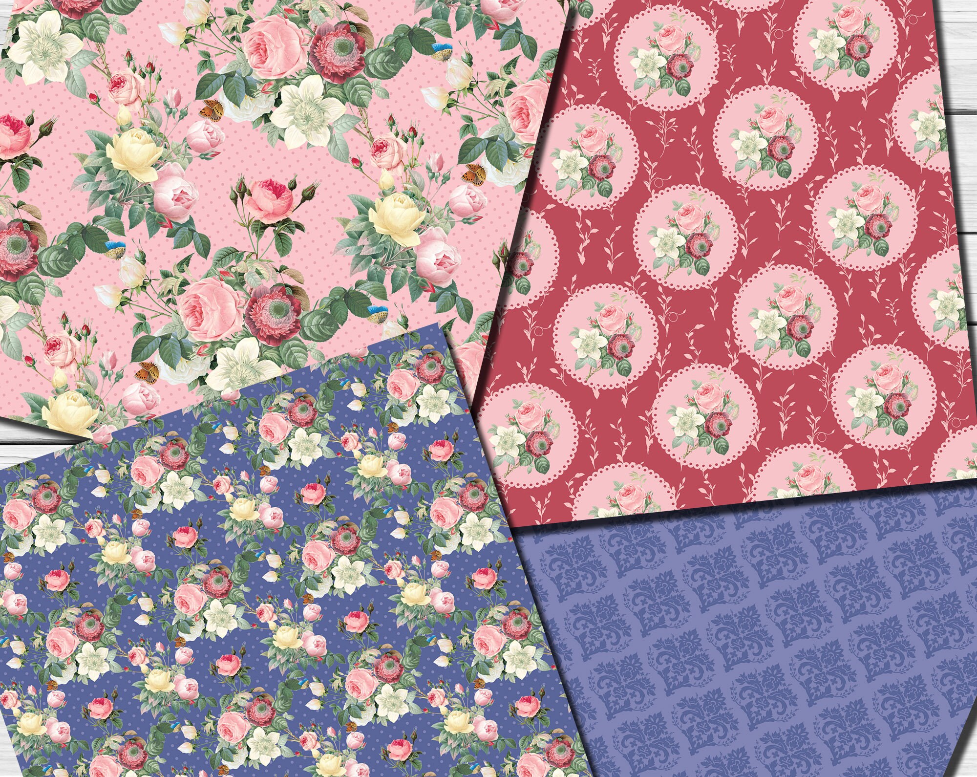 Digital Shabby Chic Pink Roses Seamless Paper Pack, 16 Printable ...