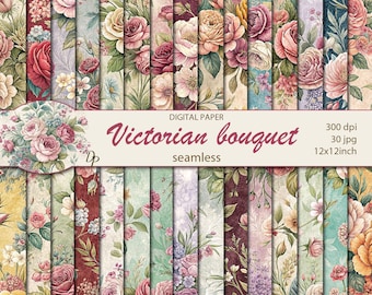 Papéis digitais com buquês vitorianos, 30 fundos vintage para scrapbooking imprimíveis, estampa floral, estilo shabby chic, download instantâneo, conjunto 207