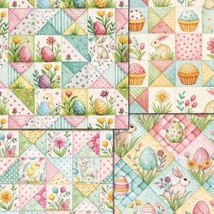 Puede incluir: Un patr&oacute;n de acuarela con dise&ntilde;os de Pascua. El patr&oacute;n incluye huevos, conejos, magdalenas, flores y pollitos en colores pastel, dispuestos en un estilo patchwork. La paleta de colores incluye rosa, azul, amarillo y verde.