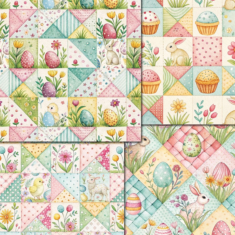 Puede incluir: Un patr&oacute;n de acuarela con dise&ntilde;os de Pascua. El patr&oacute;n incluye huevos, conejos, magdalenas, flores y pollitos en colores pastel, dispuestos en un estilo patchwork. La paleta de colores incluye rosa, azul, amarillo y verde.