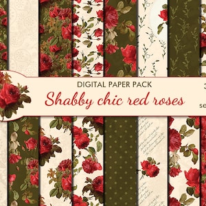 Paquete de papel transparente de rosas rojas Shabby Chic digital, 16 papeles imprimibles de Scrapbooking, collage digital de rosas retro, descarga instantánea, set 137