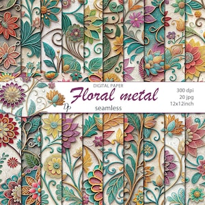 May include: Digital paper pack featuring a seamless floral metal design. The image showcases a variety of colorful, embossed floral patterns in shades of red, teal, yellow, and purple. The text on the image reads "Floral metal seamless". Each paper is 12x12 inches.