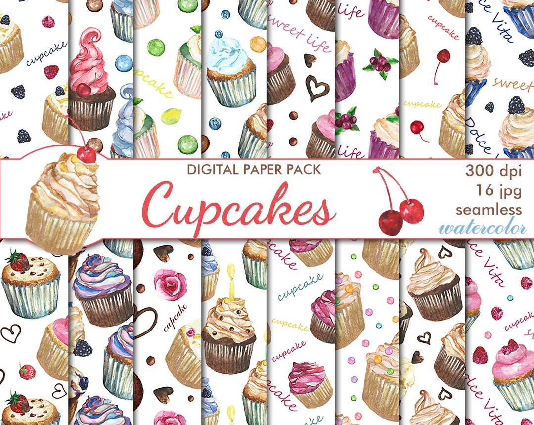 Digital Watercolor Cupcakes Seamless Paper Pack, 16 Printable Digital ...