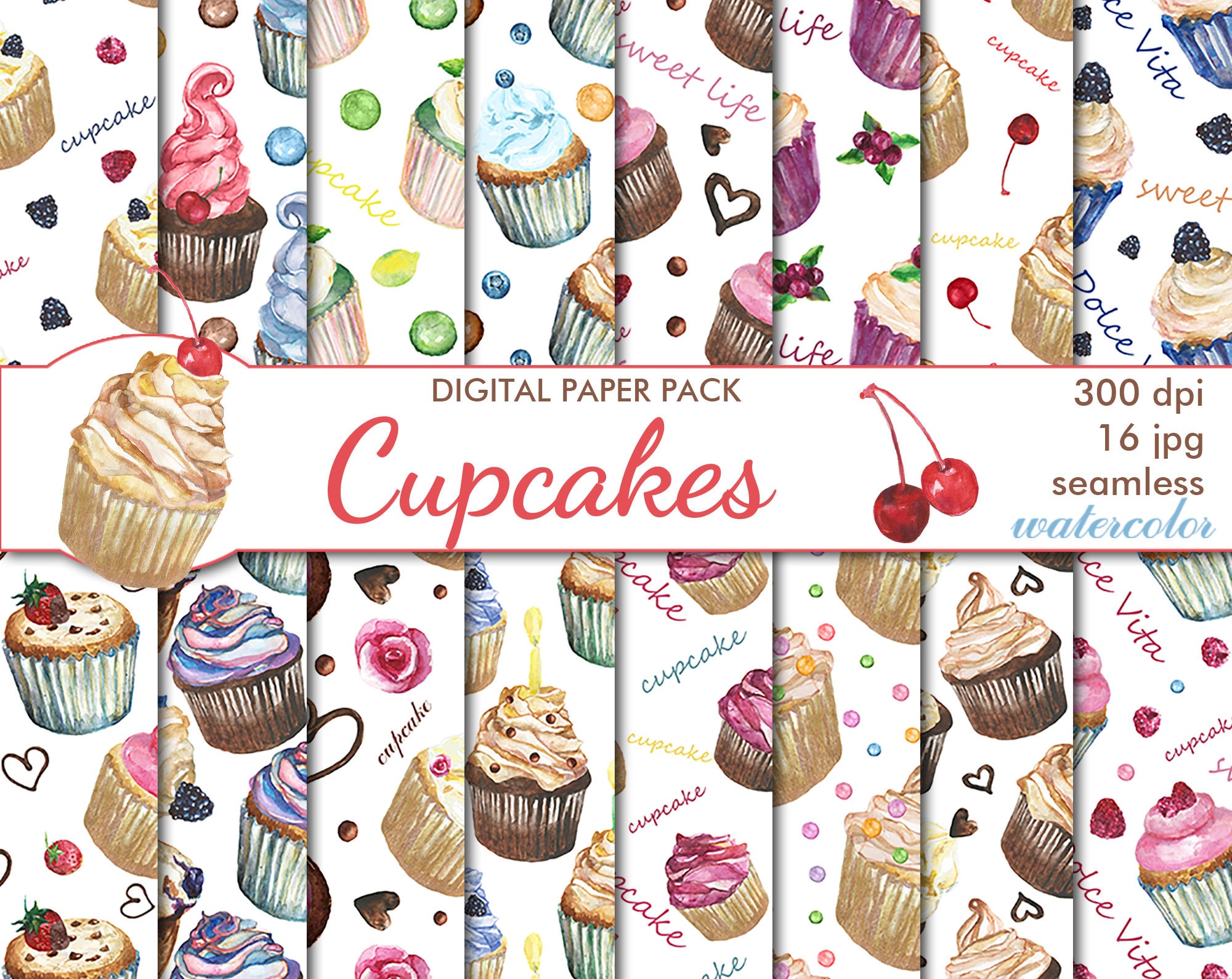 Digital Watercolor Cupcakes Seamless Paper Pack, 16 Printable Digital ...