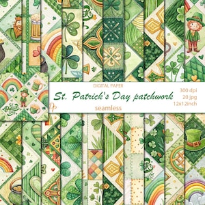 Puede incluir: Un paquete de papel digital con un diseño de patchwork con temas del Día de San Patricio. El diseño incluye tréboles, arcoíris, duendes y jarras de cerveza en tonos verdes, dorados y blancos. El texto "St. Patrick's Day patchwork" es visible.