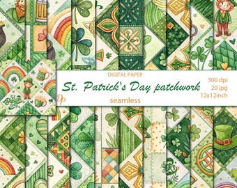 Papéis digitais sem emendas para patchwork do Dia de São Patrício, 20 padrões de scrapbooking em aquarela para imprimir, download instantâneo, conjunto 165