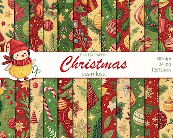 Papéis de parede digitais vermelhos e verdes sem costura para o Natal, 24 padrões de scrapbooking dourados para impressão, colagem de ano novo, download instantâneo, conjunto 226