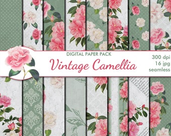 Pacote de papel sem emenda de camélia vintage digital, 16 papéis de scrapbooking surrados para impressão, colagem de camélia retrô, download instantâneo, conjunto 415