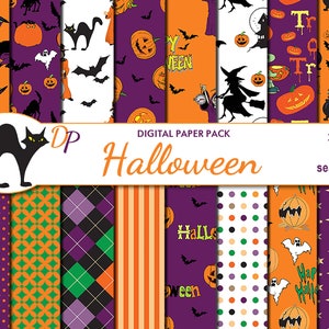 May include: A digital paper pack with 16 Halloween themed seamless patterns. The patterns feature pumpkins, bats, ghosts, witches, stars, polka dots, and more. The patterns are in orange, purple, green, white, and black.