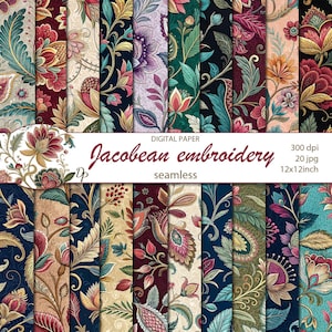Può includere: Una collezione di modelli di carta digitale senza cuciture con un design di ricamo giacobino. I modelli presentano motivi floreali e paisley in una varietà di colori, tra cui verde acqua, bordeaux e oro. Il testo "Jacobean embroidery" e "12x12 inch" è incluso.
