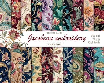 Papéis digitais para bordado floral jacobino sem emendas, 20 padrões imprimíveis para scrapbooking, Download instantâneo, conjunto 543