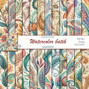 May include: A collection of watercolor batik digital papers with a seamless design. The papers feature floral and paisley patterns in shades of teal, orange, pink, and purple. The image includes the text "Watercolor batik" and "seamless". Each paper is 12x12 inches.
