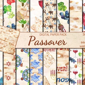 Digitalt akvarell sömlöst paket med glad påsk, 16 utskrivbara digitala scrapbookingpapper, judiskt digitalt collage, direktnedladdning, set 368