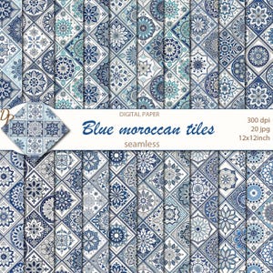 Carta digitale con piastrelle marocchine blu etniche senza soluzione di continuità, 20 modelli di scrapbooking stampabili, collage etnico marocchino, download immediato, set 514