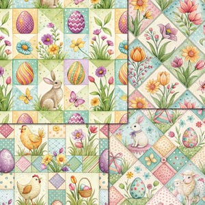 Puede incluir: Un patr&oacute;n de acuarela con tem&aacute;tica de Pascua con huevos, conejitos, flores y mariposas. El dise&ntilde;o est&aacute; dispuesto en un estilo patchwork con colores pastel, incluyendo rosa, verde, amarillo y morado. El tema general es la primavera y la Pascua.