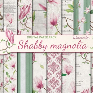 May include: A digital paper pack with 16 seamless patterns featuring watercolor illustrations of pink magnolia flowers, green leaves, and various backgrounds, including white wood, music sheet, and damask.