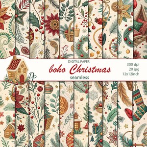 May include: A selection of digitally created seamless patterns with a boho Christmas theme. The patterns feature festive elements like houses, ornaments, and floral designs in shades of red, green, and gold. The text "boho Christmas" is displayed.