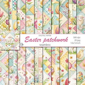 Op de afbeelding: Digitaal papier met een patchwork-ontwerp met paasillustraties. Het ontwerp bevat konijntjes, lammetjes, eieren, bloemen en vlinders in pastelkleuren. De tekst "Easter patchwork seamless" wordt in roze weergegeven. De afbeelding is 30,48 x 30,48 cm groot.